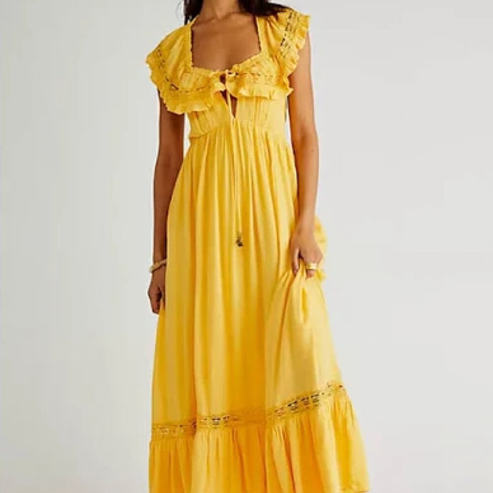 Free People Moonlight Ocean Off-the-Shoulder Maxi Dress in Yellow (Sunset Gold)